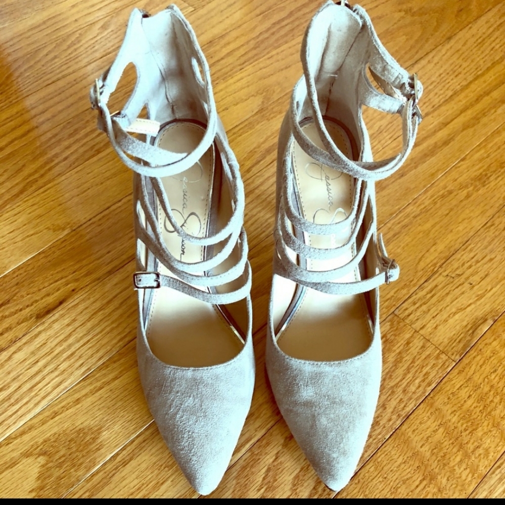 Jessica Simpson caged taupe suede pumps